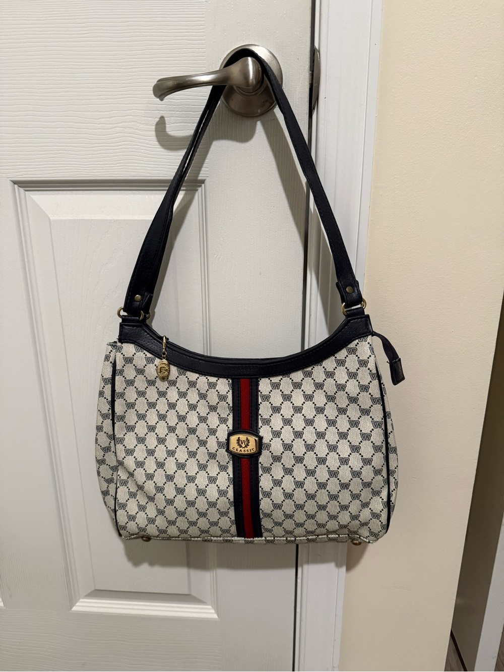Designer-Inspired VR Classic Navy & Ivory Patterned Shoulder Bag